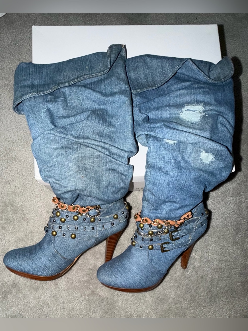 Bakers Denim Blue Studded Chain-Accent High-Heel Boots